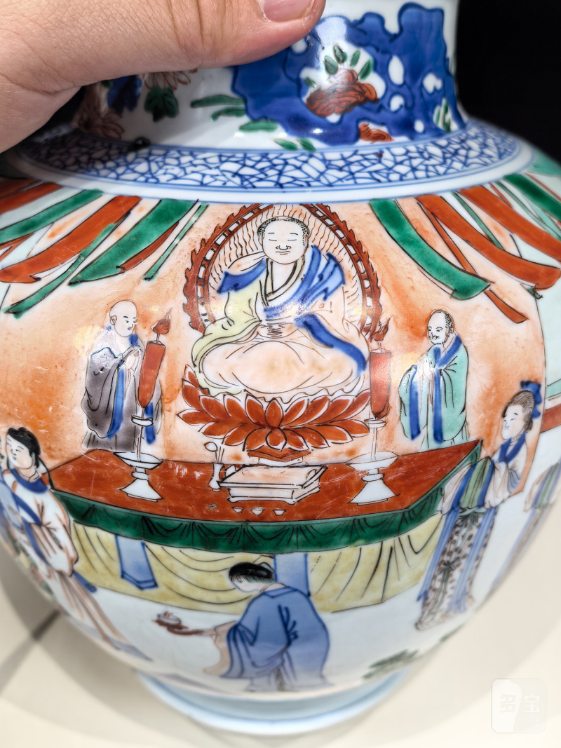 清康熙 青花五彩西厢记之斋坛闹会故事图盖罐 - 图23